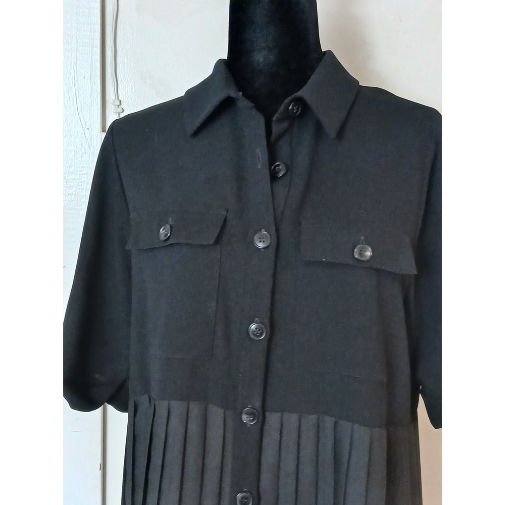 Zara Womens Black Pleated Shirt Dress Collared Button Front Short Sleeve Size M